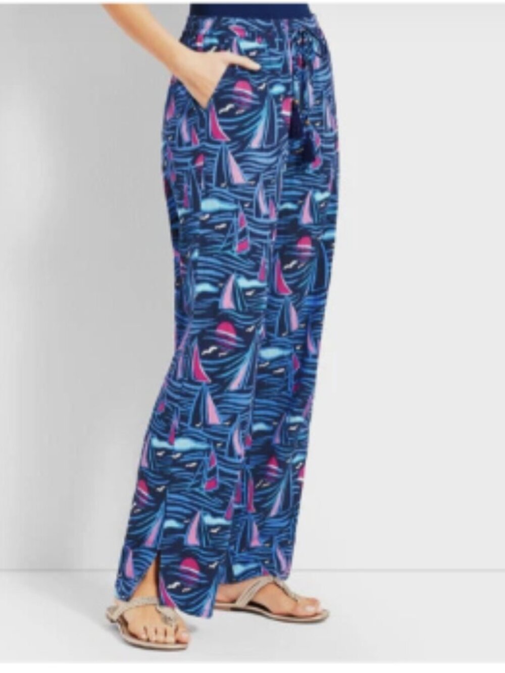 TALBOTS Size X-Small Blue Pull-On Pants Teal Pink Sailboats Coastal Cotton